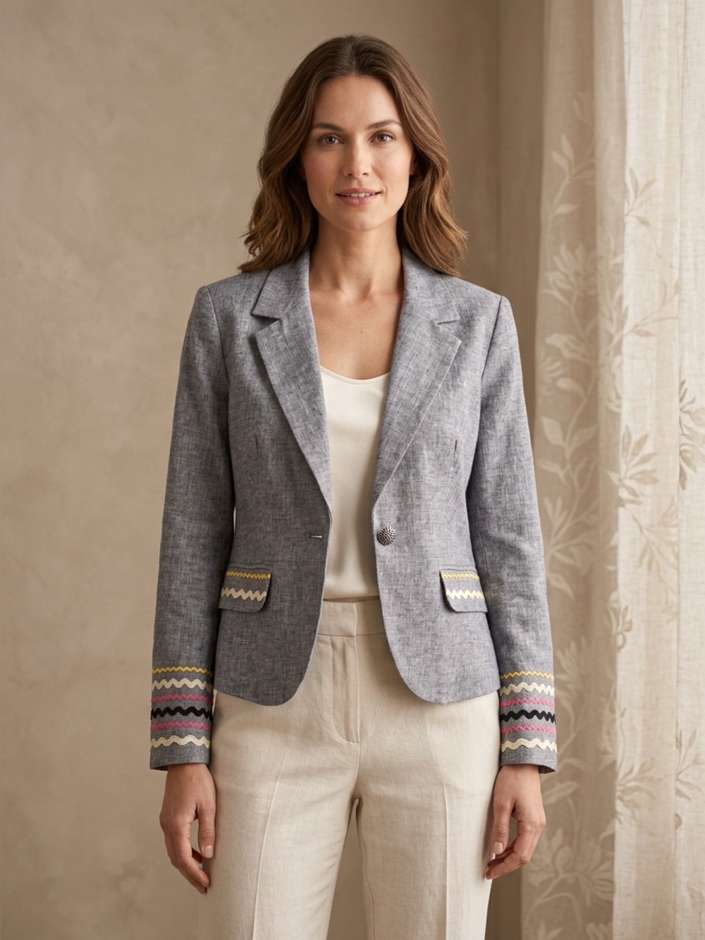 Vintage Blazer Cynthia cotton linen gray tailored women’s jacket Sz M embroidere